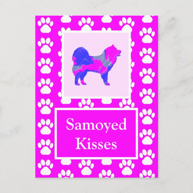 Samoyed Kisses Silhouette i Cute Rosa & Blue Vykort (Framsida)