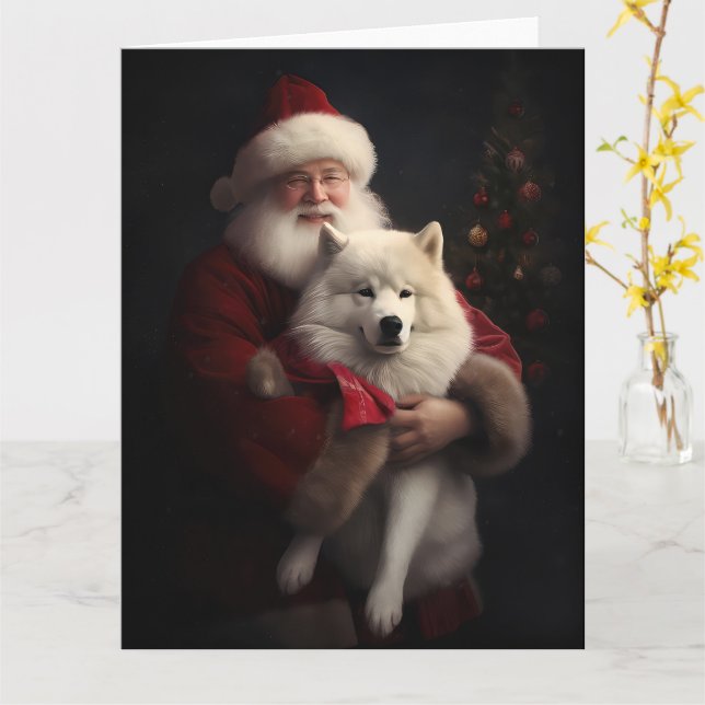 Samoyed med Jultomten under julhelgen Kort (Gul blomma)