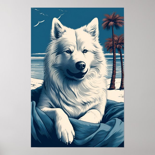 Samoyed på stranden poster (Framsidan)