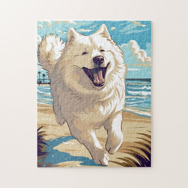 Samoyed på stranden pussel (Vertikal)