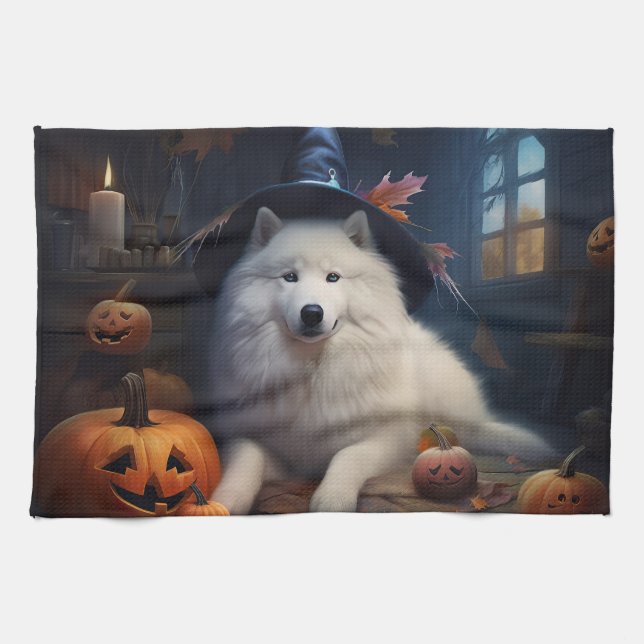 Samoyed Pumpkins Halloween Scary Kökshandduk (Horisontell)