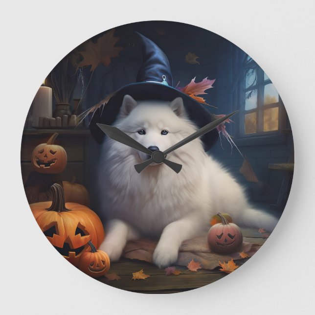Samoyed Pumpkins Halloween Scary Stor Klocka (Framsida)