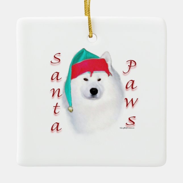 Samoyed Santa Tassar Julgransprydnad Keramik (Framsida)