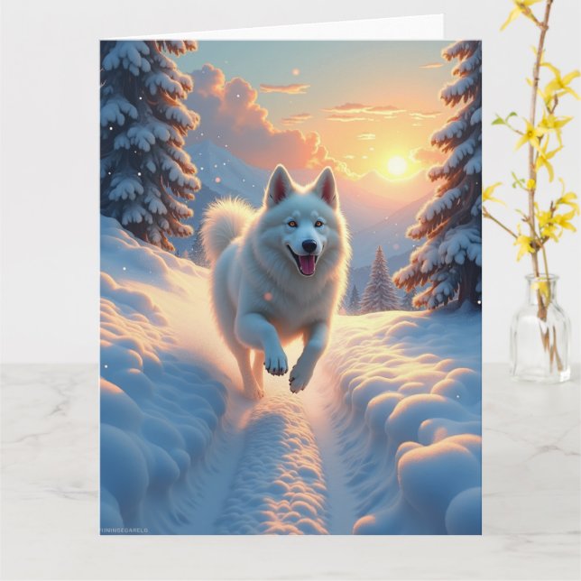 Samoyed Snöig Bergs Äventyr Jul Kort (Gul blomma)