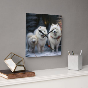Samoyed Snöig släde juldekoration Fyrkantig Klocka
