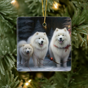 Samoyed Snowy Sleigh-juldekan Julgransprydnad Keramik