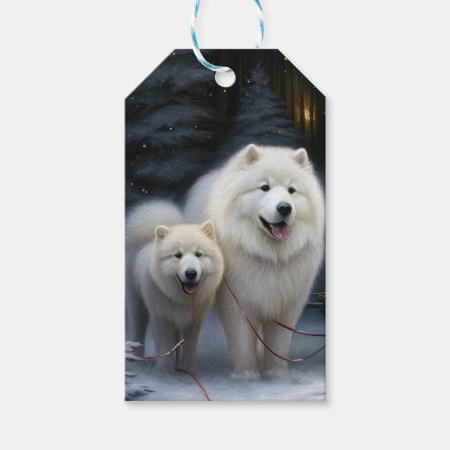 Samoyed Snowy Sleigh-juldekan Presentetikett (Framsidan)