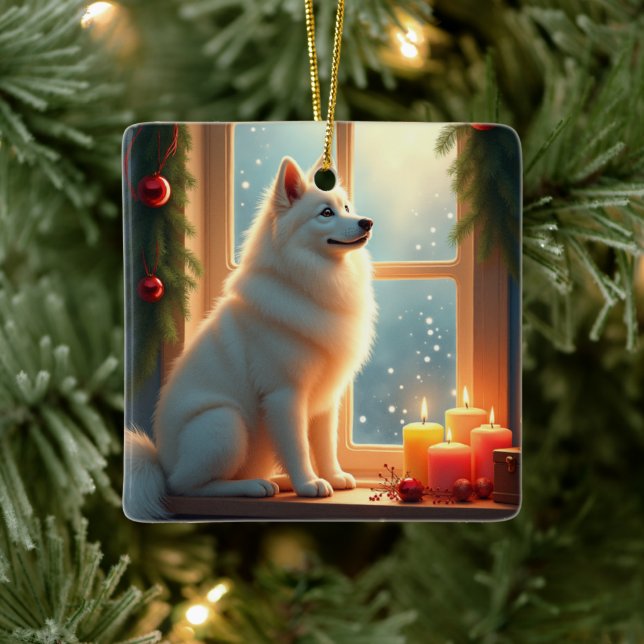 Samoyed Under the Mistletoe Christmas Painting Julgransprydnad Keramik (Träd)