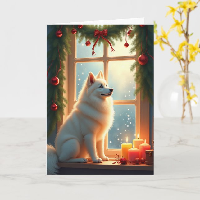Samoyed Under the Mistletoe Christmas Painting Kort (Gul blomma)
