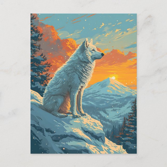 Samoyed vinterskog under solnedgång vykort (Framsida)