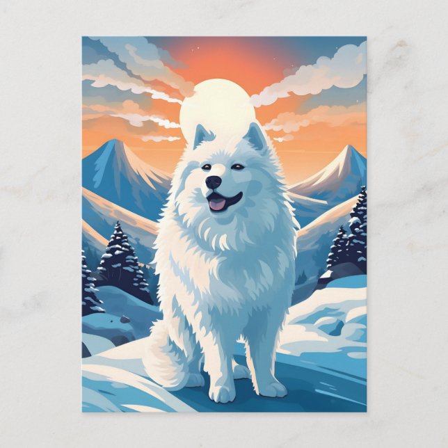 Samoyed vinterskog under solnedgång vykort (Framsida)
