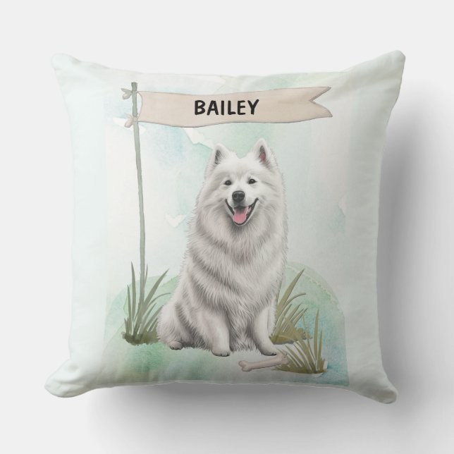 Samoyed Watercolor Personalized Dog Kudde (Framsida)