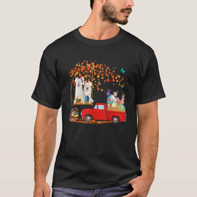 Samoyed Wearing Bunny Ear Red Lastbil med ägg T Shirt (Framsida)