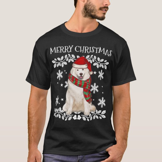 Samoyed with Santa Hat Ugly jul T Shirt (Framsida)