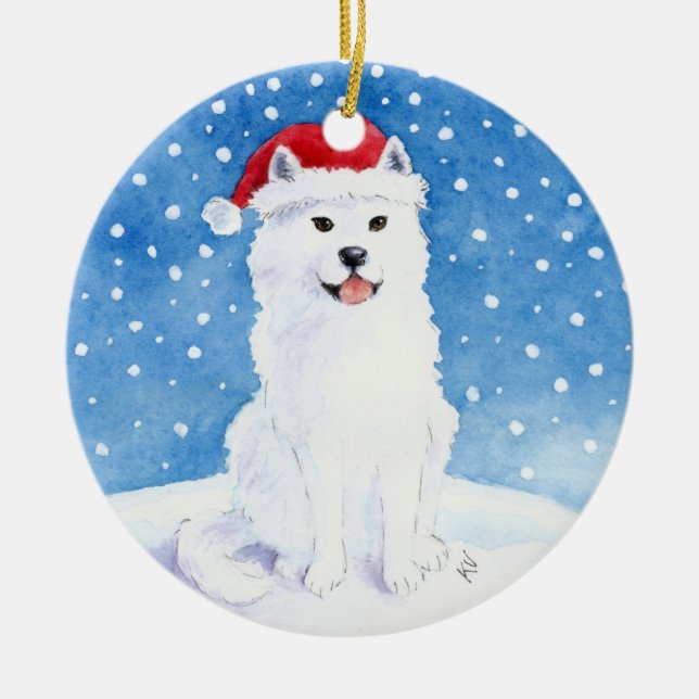 Samoyedhund i prydnad för jultomtenhattjul julgransprydnad keramik (Framsidan)