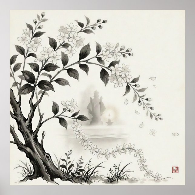 Sampaguita — Filippinernas nationalblomma Sumi-e Poster (Framsidan)
