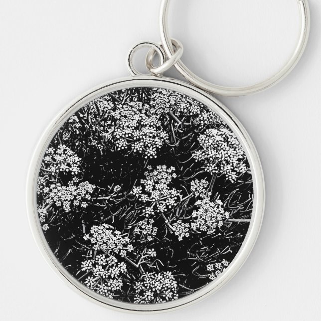 Samphire abstrakt svart och vit design rund silverfärgad nyckelring (Framsidan)