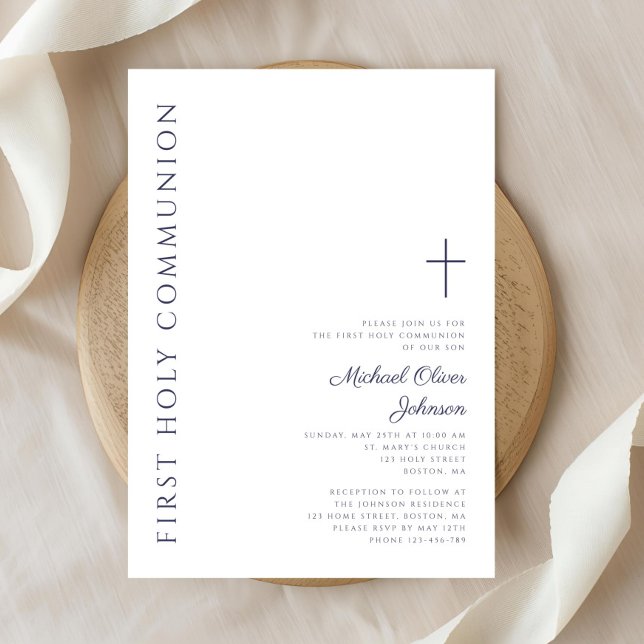 Samråd för första Heligan i det moderna marinblått Inbjudningar (Modern Navy Blue Script First Holy Communion Invitation)