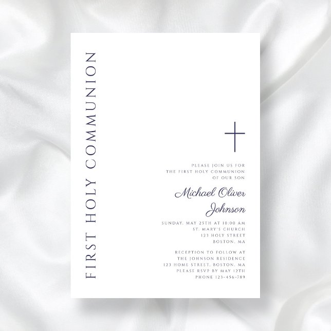 Samråd för första Heligan i det moderna marinblått Inbjudningar (Modern Navy Blue Script First Holy Communion Invitation)