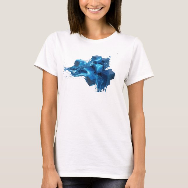Samtida Blå Abstrakt Kuber Konsttryck T Shirt (Framsida)