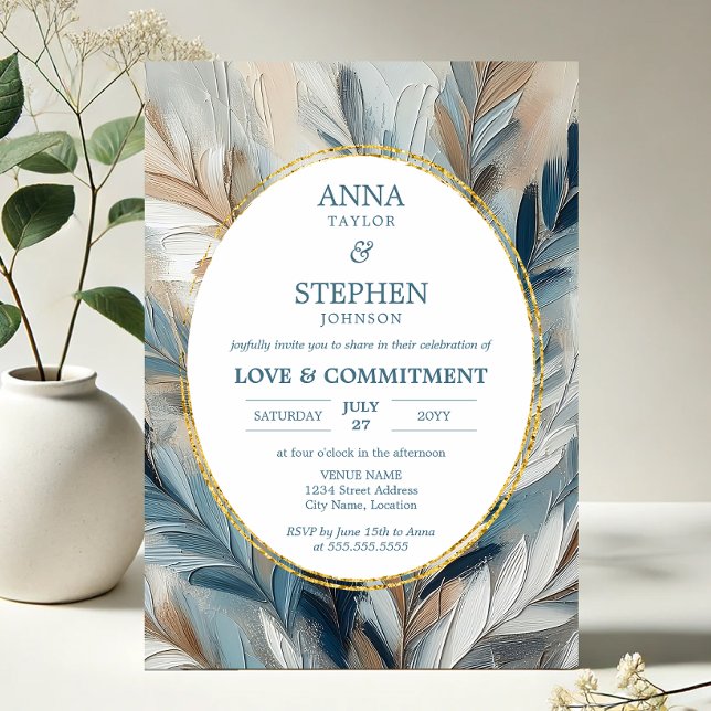 Samtida blå elegans åtagandeceremoni inbjudningar (Contemporary Blue Elegance brushstroke invitation front in situ)