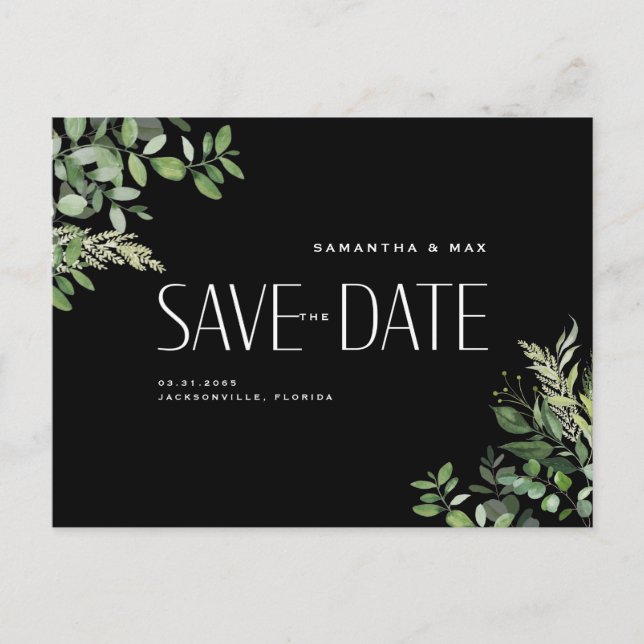 Samtida grönska Svart bröllop Spara datumet Meddelande Vykort (Framsida)