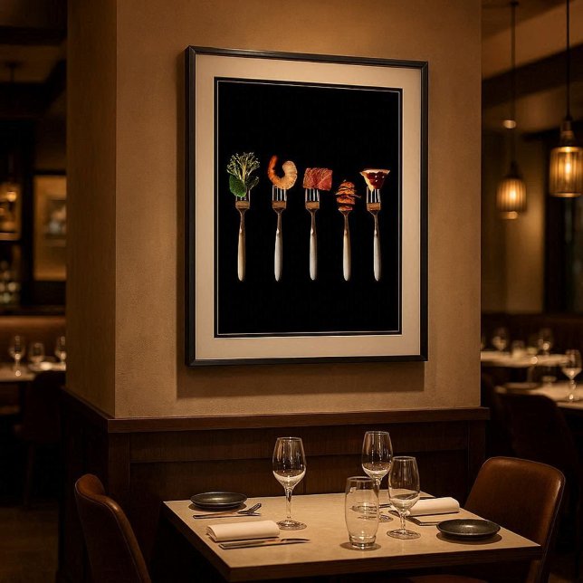 Samtida mat på gafflar Konsttryck Poster (Modern foods on forks poster for kitchens, dining rooms, cafés, or upscale restaurant walls)
