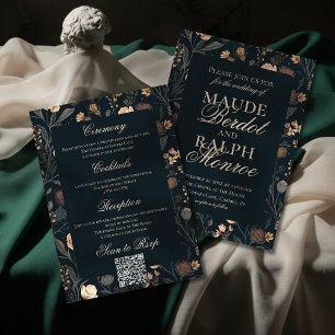 Samtida Modern Svart Blommig Bröllop Inbjudningar