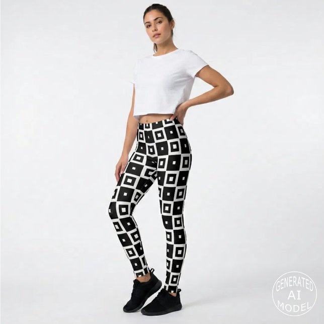 Samtida trendig svart-vit fyrkantig mönster leggings (Skapare uppladdad)