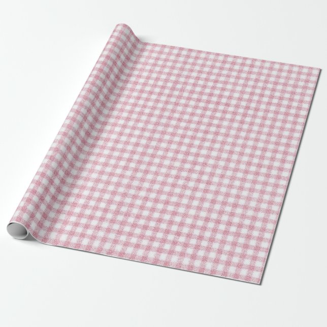 Samtrosa och vit liten gingham-charm presentpapper (Utrullad)