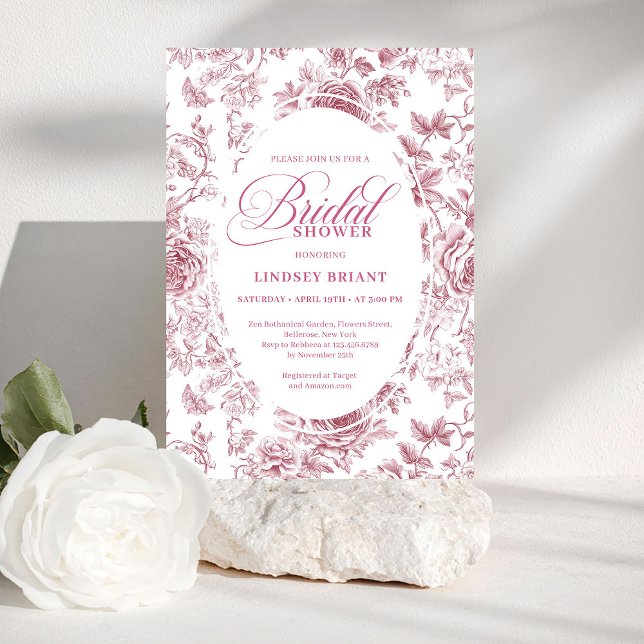 Samtrosa Toile Blommig Bröllopsfestinladan  Inbjudningar (Velvet Rose Toile Floral Bridal Shower Invitation Card

)