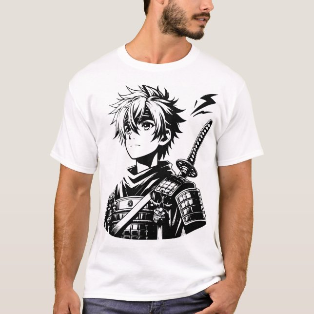 Samurai Anime Warrior - Bold Black and White Illus T Shirt (Framsida)
