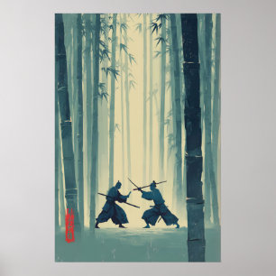 Samurai Bambu Print Japansk Naturkonst (Blå Poster
