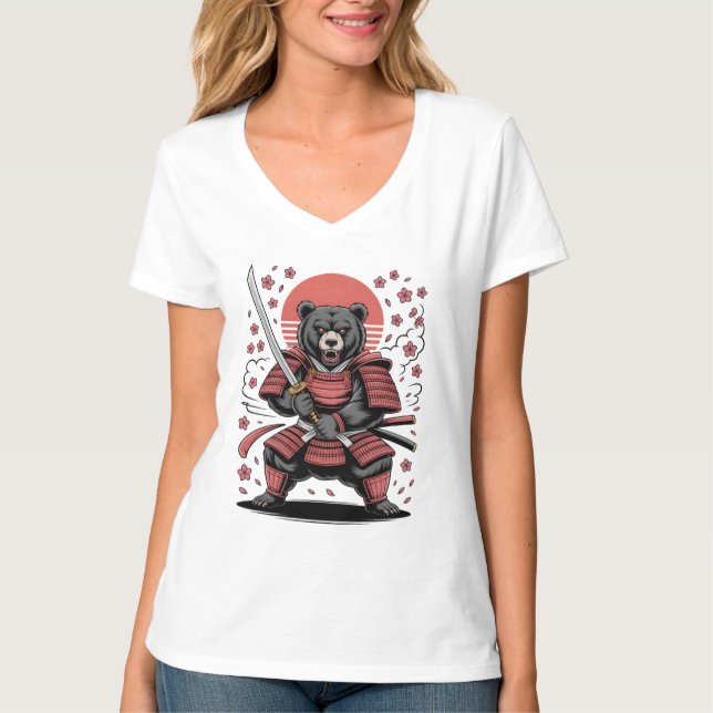 Samurai Bear Dam V-ringad t-shirt (Framsida)