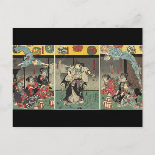 Samurai bekämpar spöken och ormar c. 1850 vykort