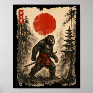 Samurai Bigfoot Japansk Vintage Sasquatch Ukiyo-e Poster