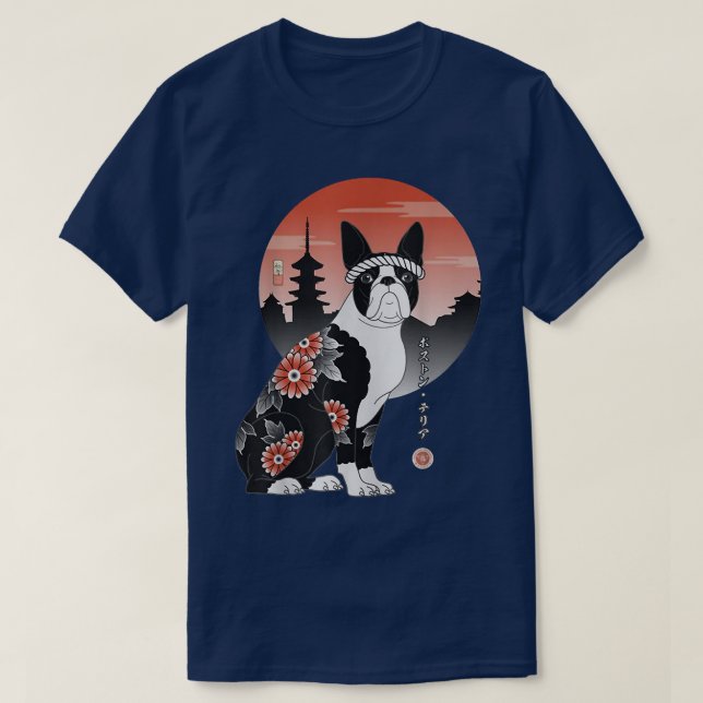 Samurai Boston Terrier Ukiyo-e Japanese Warrior Lo T Shirt (Design framsida)