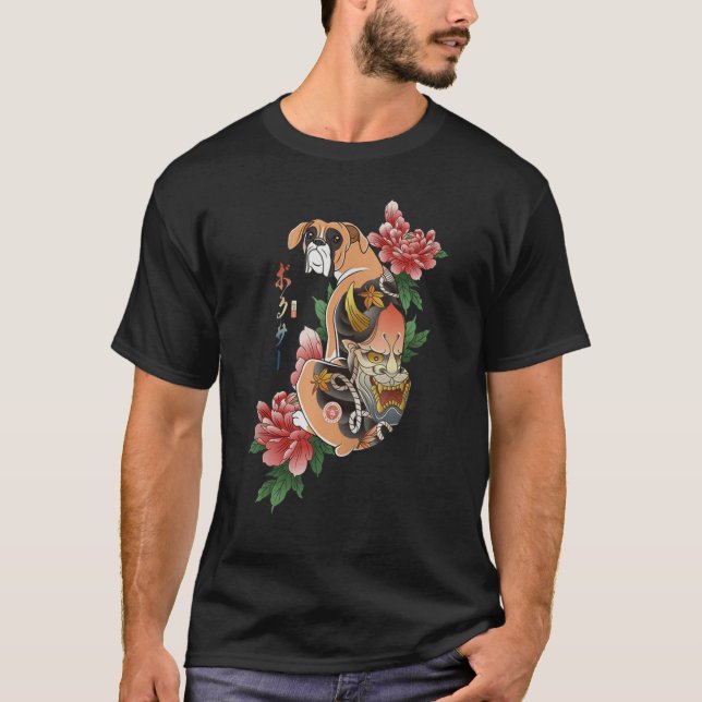 Samurai Boxer Hund Ukiyo E Flowers Japanska Warrio T Shirt (Framsida)