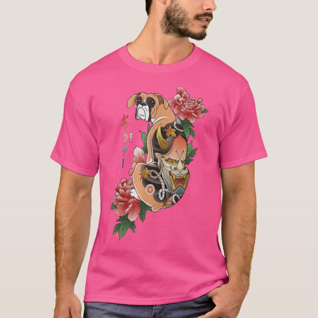 Samurai Boxer Hund Ukiyo E Flowers Japanska Warrio T Shirt (Framsida)