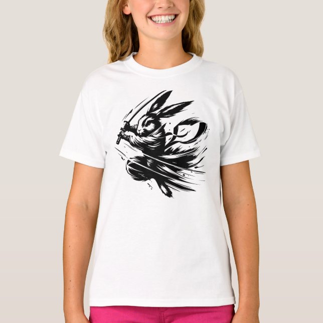 Samurai Bunny Black Ink Warrior Rabbit T Shirt (Framsida)