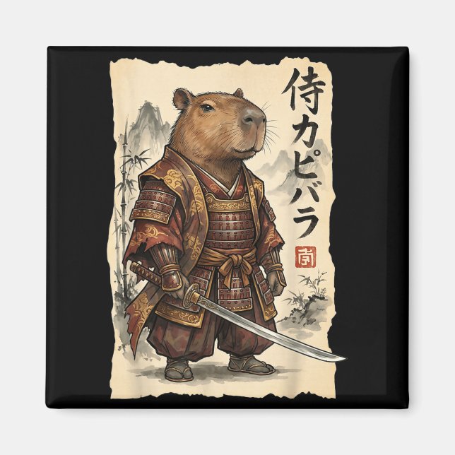 Samurai Capybara Japanese Art Vintage Graphic Funn Magnet (Framsidan)