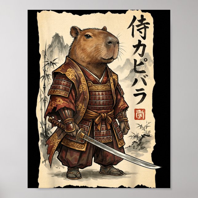 Samurai Capybara Japanese Art Vintage Graphic Funn Poster (Framsidan)