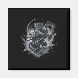 Samurai Cat Anime Japansk Ninja Warrior Aesthetic Magnet