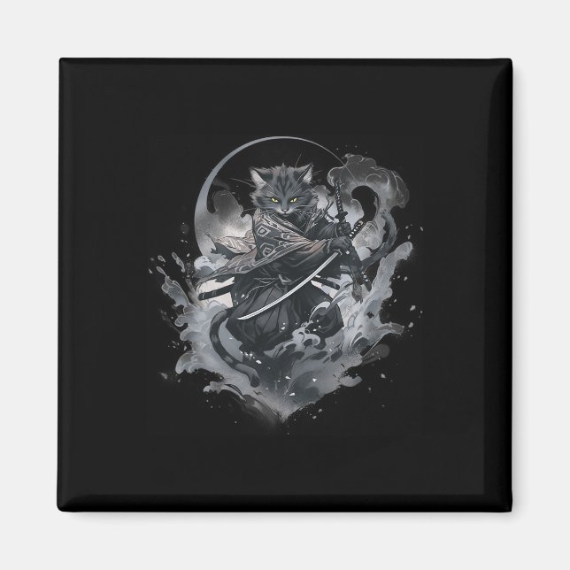 Samurai Cat Anime Japansk Ninja Warrior Aesthetic Magnet (Framsidan)