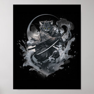 Samurai Cat Anime Japansk Ninja Warrior Aesthetic Poster