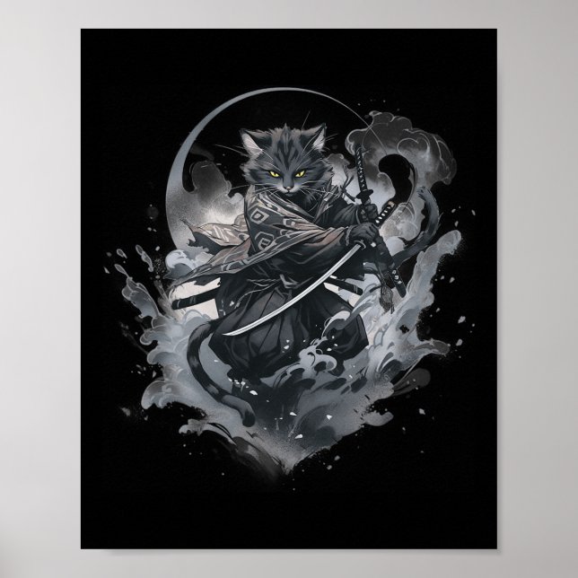 Samurai Cat Anime Japansk Ninja Warrior Aesthetic Poster (Framsidan)