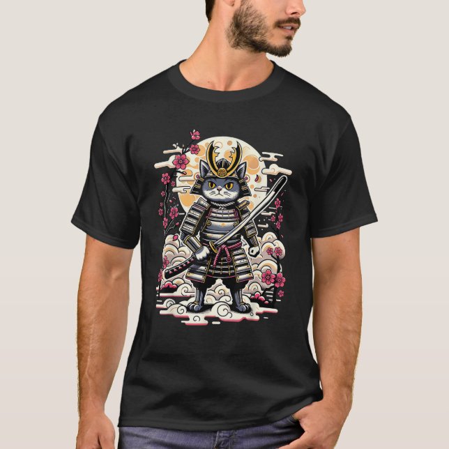 Samurai Cat Anime Kawaii Japanese Warrior Cats Gif T Shirt (Framsida)