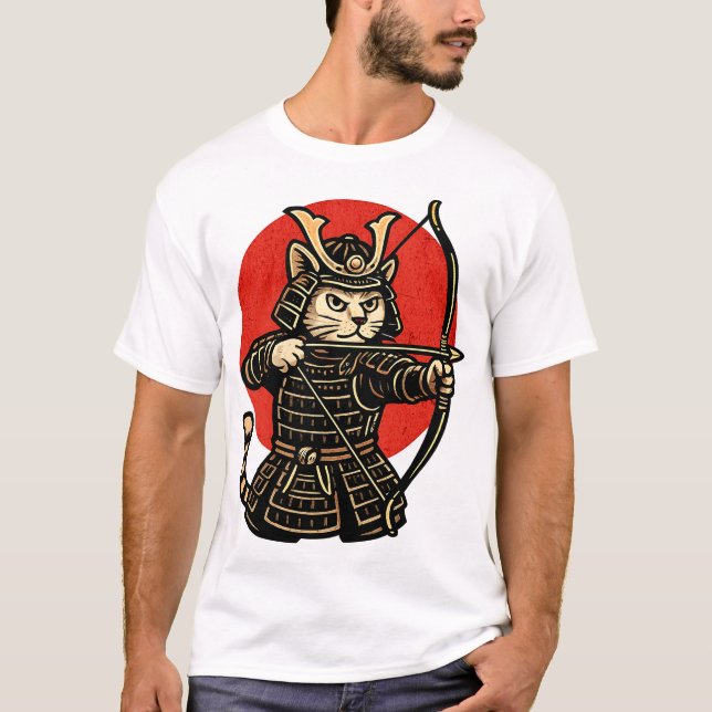 Samurai Cat Archer, Japanese Warrior Neko  T Shirt (Framsida)
