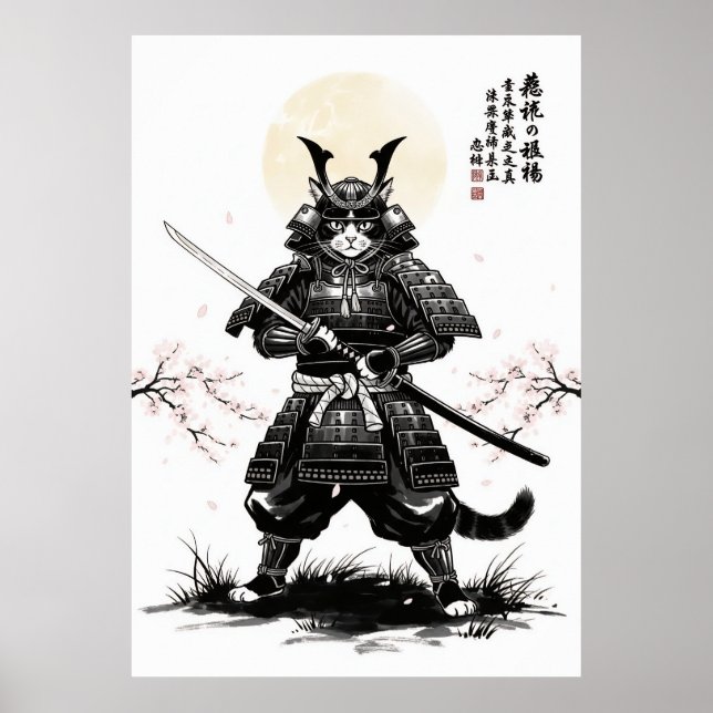 Samurai Cat Art Print with Katana Sword Japanese Poster (Framsidan)