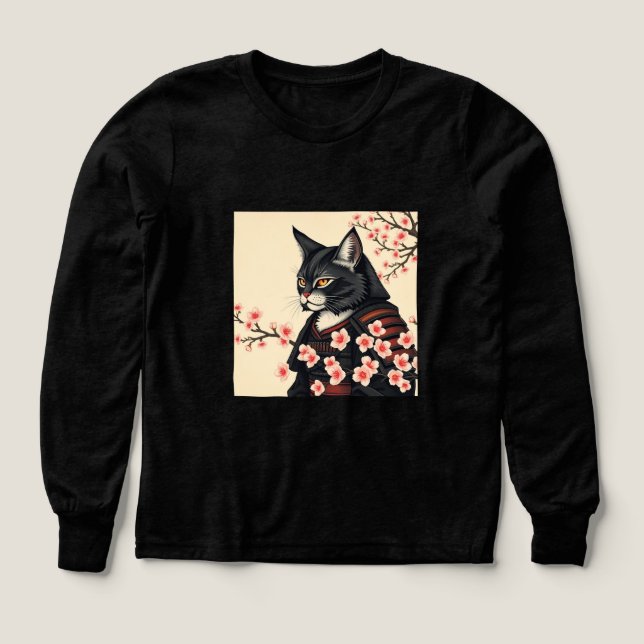 Samurai Cat Bland Blommar med körsbär T Shirt (Design framsida)